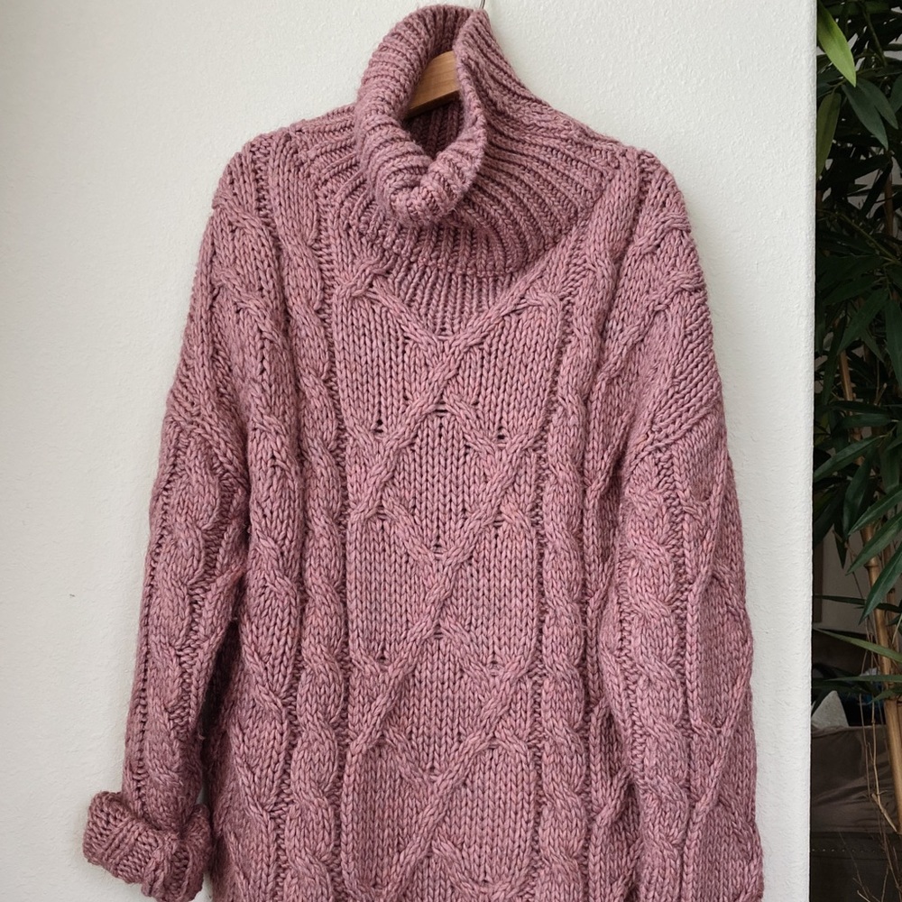 Dusty Pink Chunky Cable Knit Roll Neck